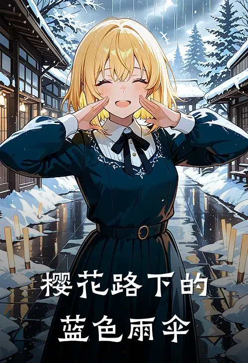 樱花路下的蓝色雨伞